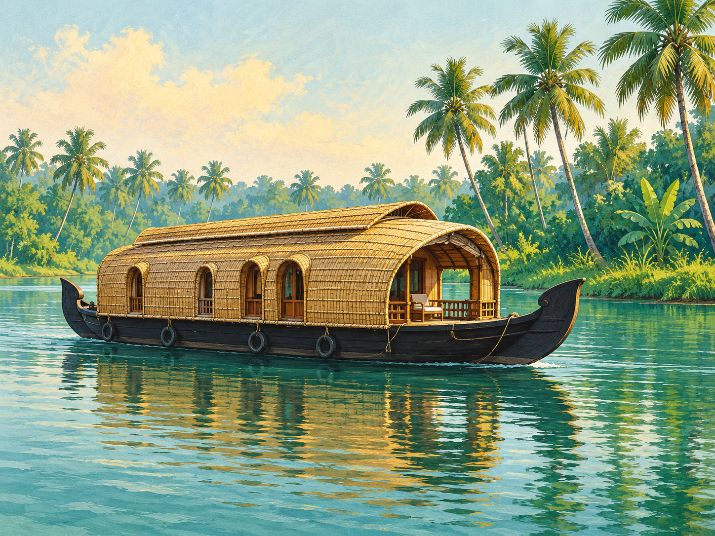 Illustration of a houseboat on Alleppeyโs palm-lined backwaters
