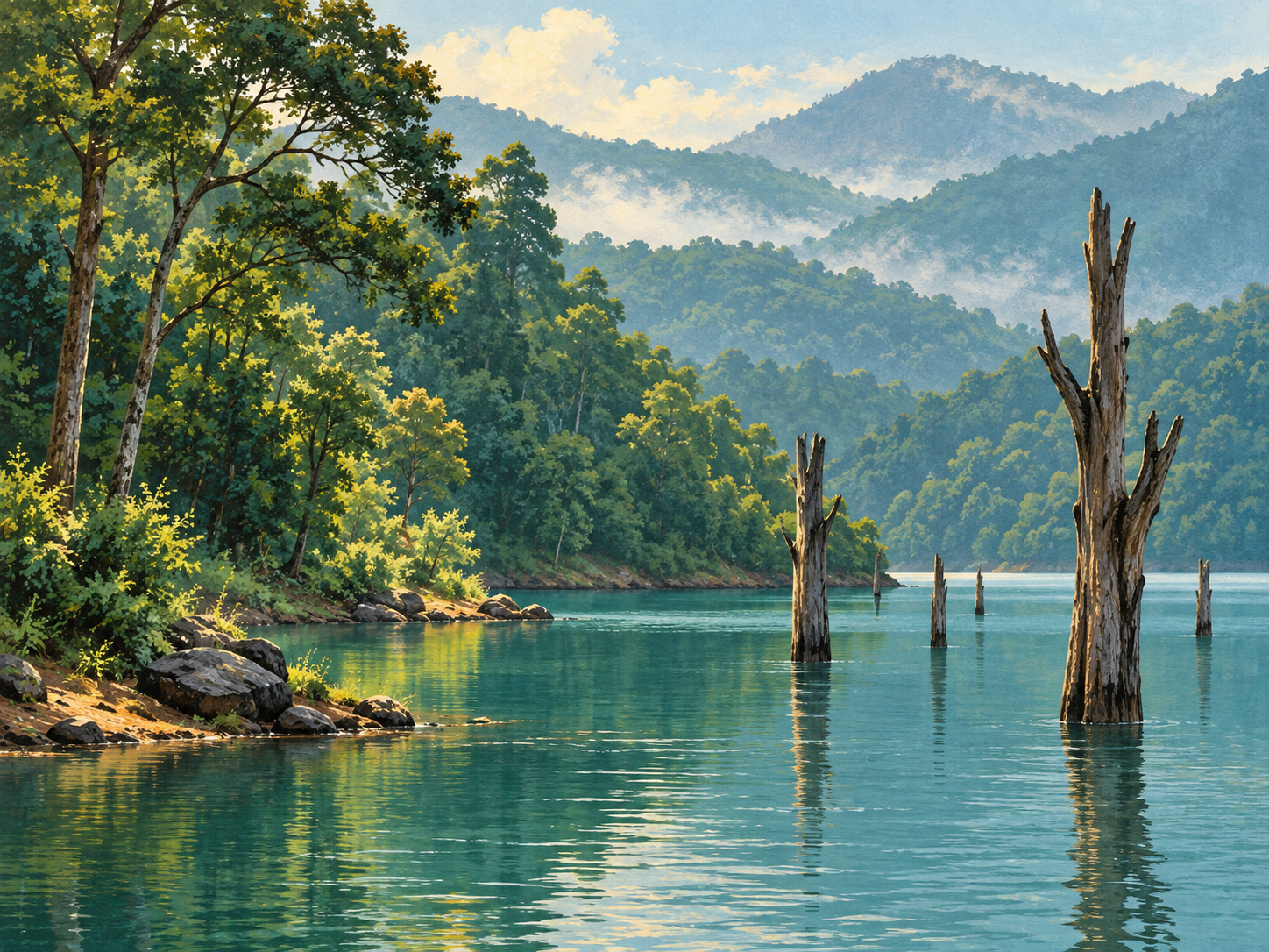 Illustration of a forested lake in Thekkady